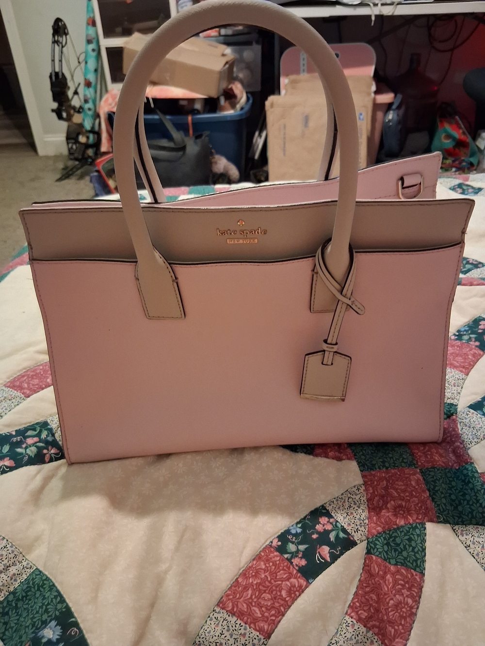 kate spade blush pink leather tote with cream trim